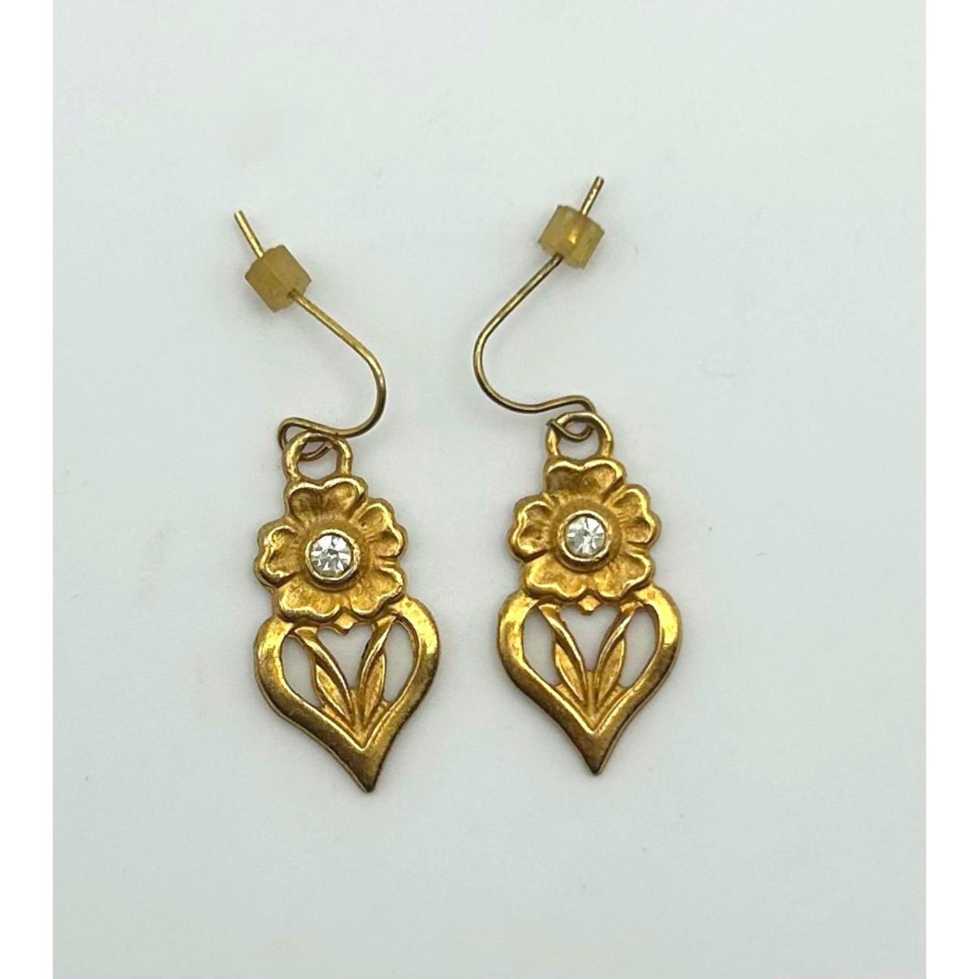 Vintage Gold Heart Floral Earrings With Rhinestones